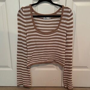 Hollister Brown and White Knit Crop Top with Bell Bottom Sleeves